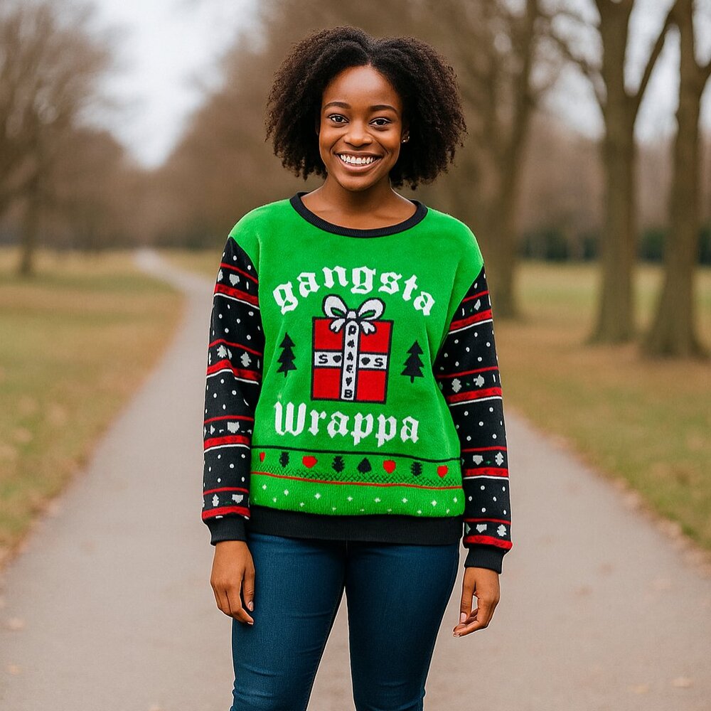 Christmas UGLY SWEATER Unisex XL "Gangsta Wrappa" Green Long Sleeve Soft Pullove